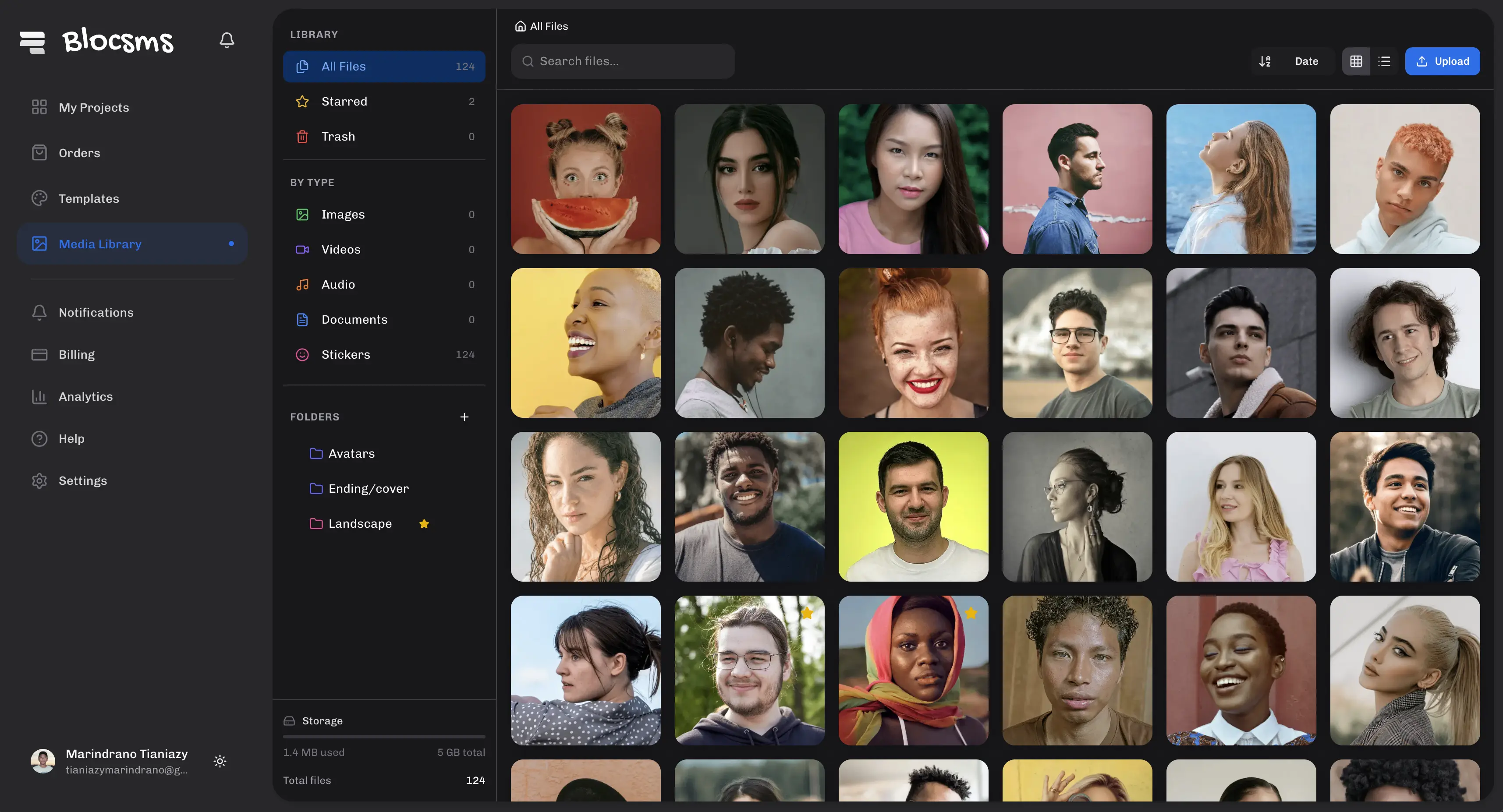 Media library with folders, tags, and search
