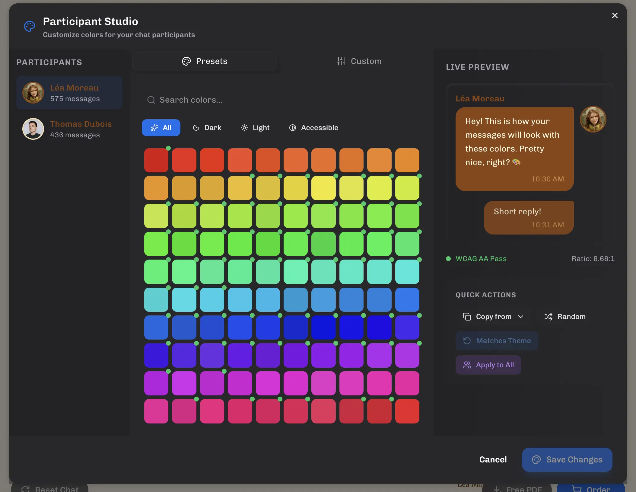 Color preset picker for participant customization